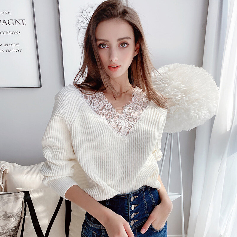Dabuwawa Romantic Lace V Neck Casual Pullover Sweater Women Tops Streetwear Long Sleeve Basic Ladies Sweaters Female DT1AKT002