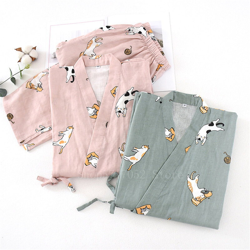 Комплект одежды для влюбленных из 2 предметов в японском стиле кимоно с рисунком кавайной кошки юката одежда для паровой пижамы мужской женский халат ночная рубашка Япония