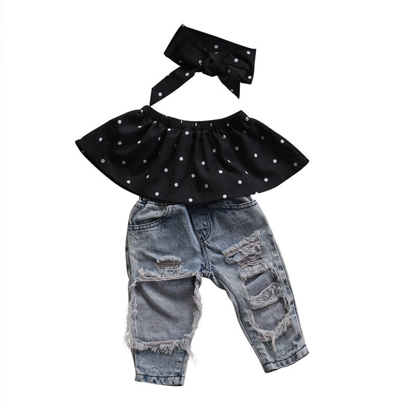 3 stücke Baby Mädchen Sommer Kleidung Set Dot Ärmelloses Top Weste Loch Jeans Hosen Bogen Stirnband Outfits Mode Casual Kinder kleidung Set