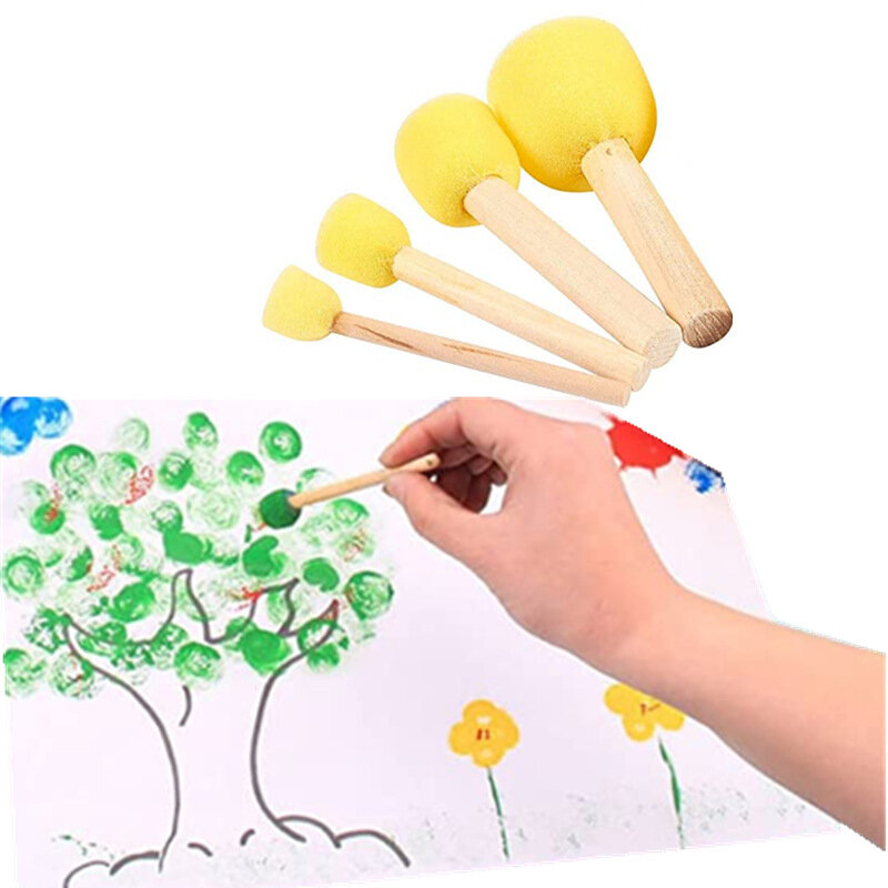 Cepillo de pintura de esponja para niños, mango de madera Original, grafiti, juguete temprano, suministros de arte DIY, regalos, 4 unids/lote por paquete