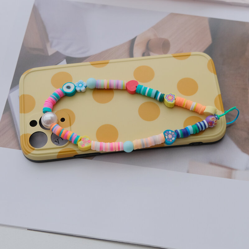 Correas de teléfono móvil para mujer, accesorios de cadenas telefónicas de cerámica suave con eslogan con cuentas de estrellas y frutas de colores, nueva moda