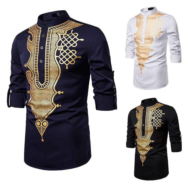 Camisa musulmana árabe de Oriente Medio para hombre, camisetas ajustadas con estampado de manga larga informal de Arabia Saudita, Kurta, Camisas islámicas indias