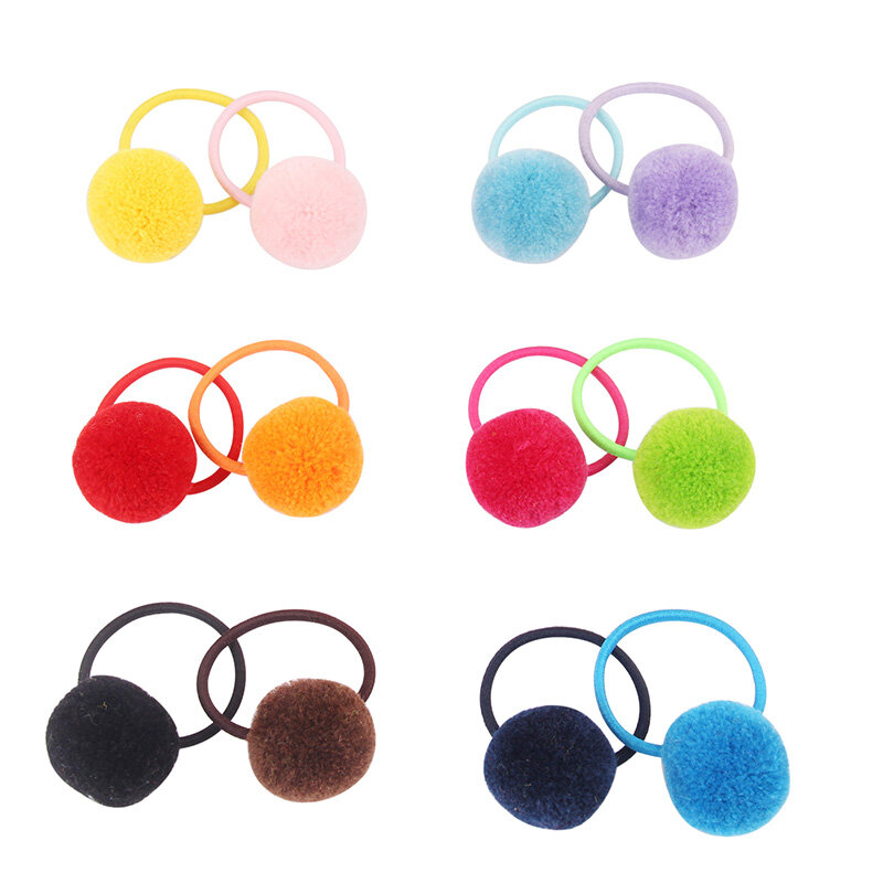 2Pcs Small Solid  Plush ball Hair ring Girls Cute Elastic Rubber Band Hair Bands Hair Accessories Kids Headwear Ornaments Gift