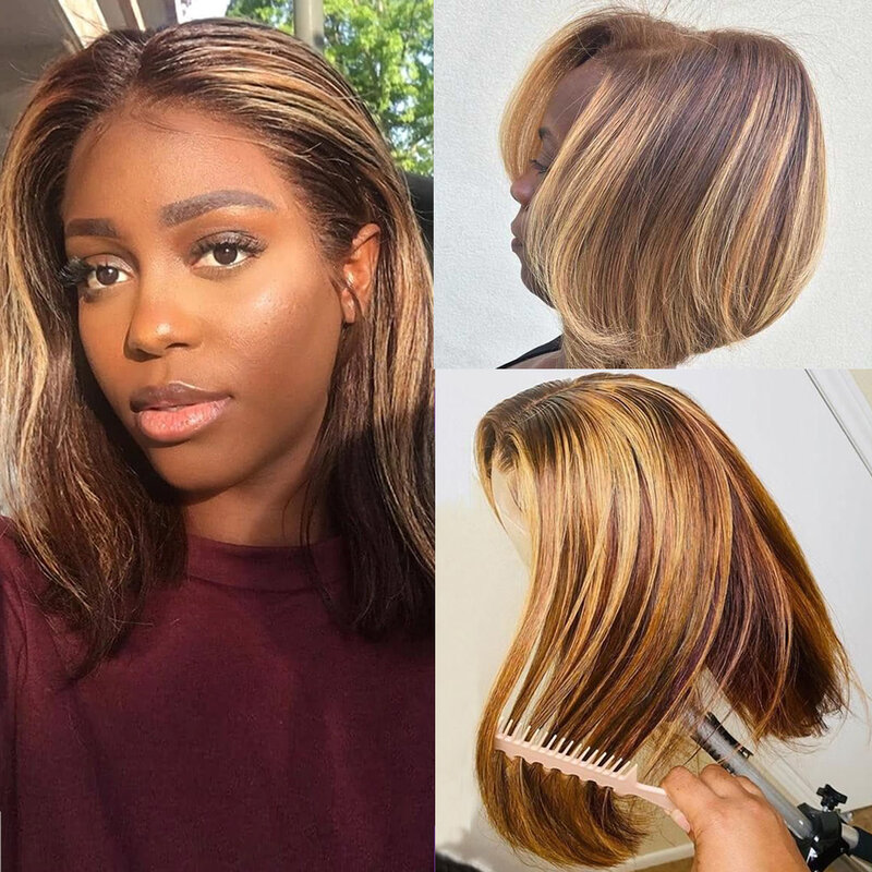 Ombre Highlight Wig Bob 13x4 Lace Front Human Hair Wigs Color Short Bob Lace Frontal Wigs 14 inch Brazilian 4/27 Bob Hair Wigs