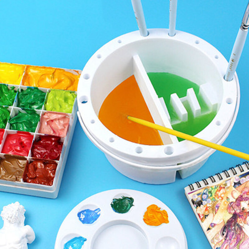 Plastic 3 in 1 Pen/Brush Washing Bucket/Barrel/Container for Watercolor/Gouache Round/Square Bucket With Penholder/Color Palette