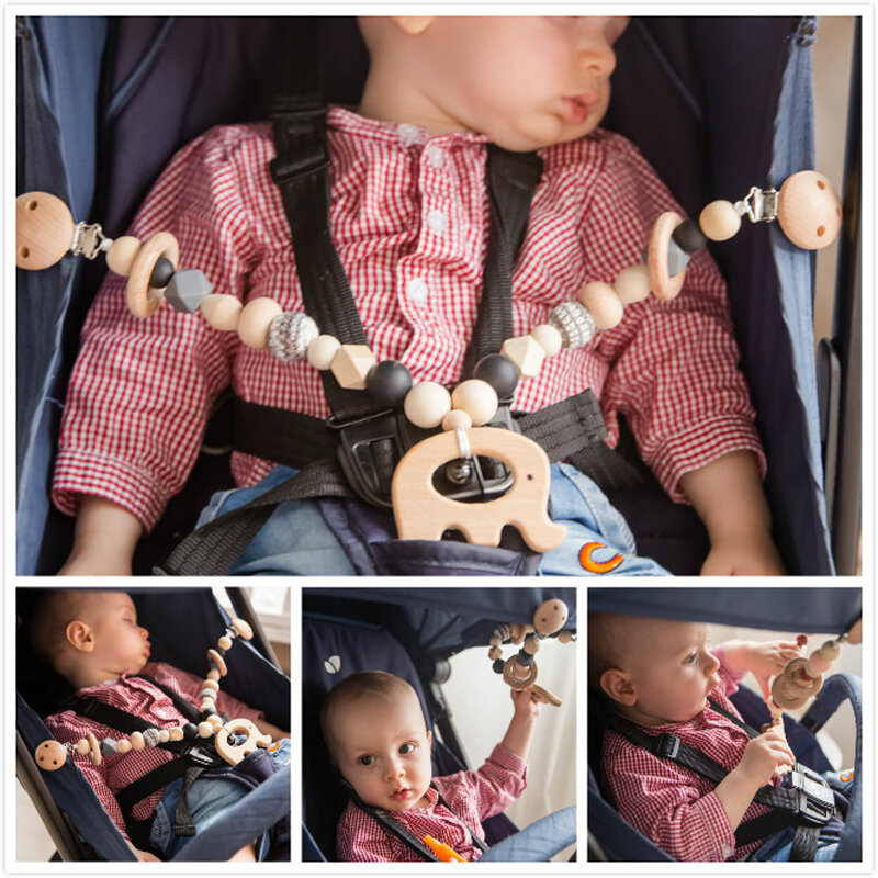 Bebê brinquedos silicone grânulos mordedores anéis de madeira artesanal pulseira chupeta clipes de corrente dentição carrinho de bebê sino produtos do bebê
