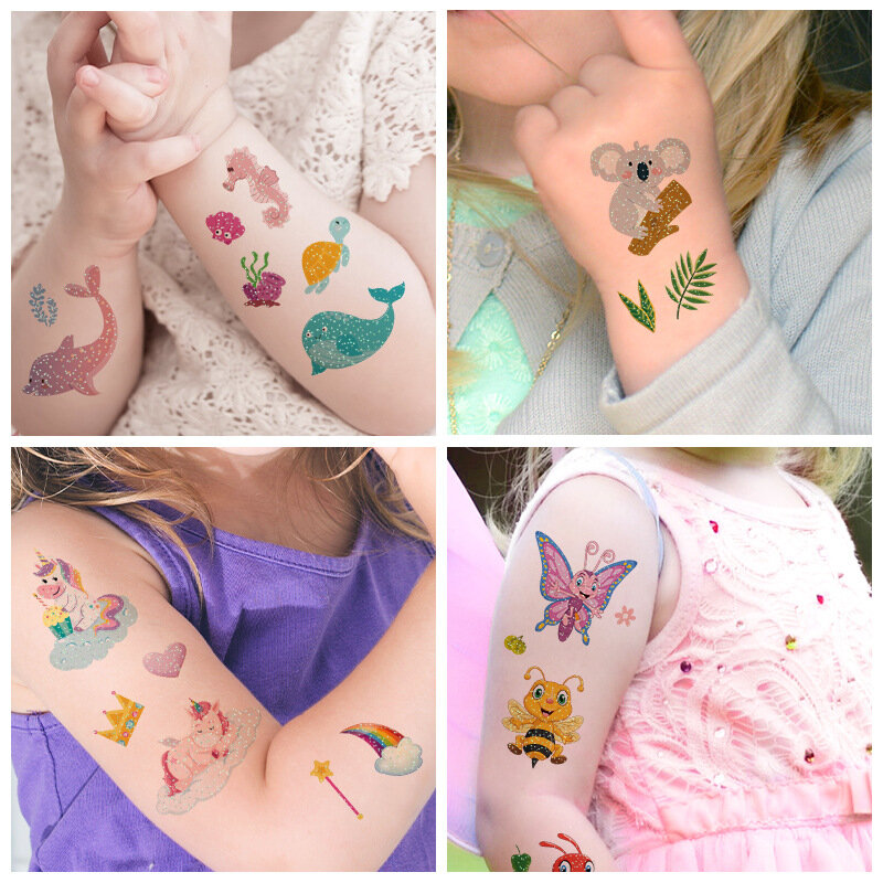 10PCS autoadesivo del tatuaggio dei bambini falso Flash polvere temporaneo impermeabile trasferimento del fumetto unicorno animale sirena giocattolo per bambini regalo della ragazza