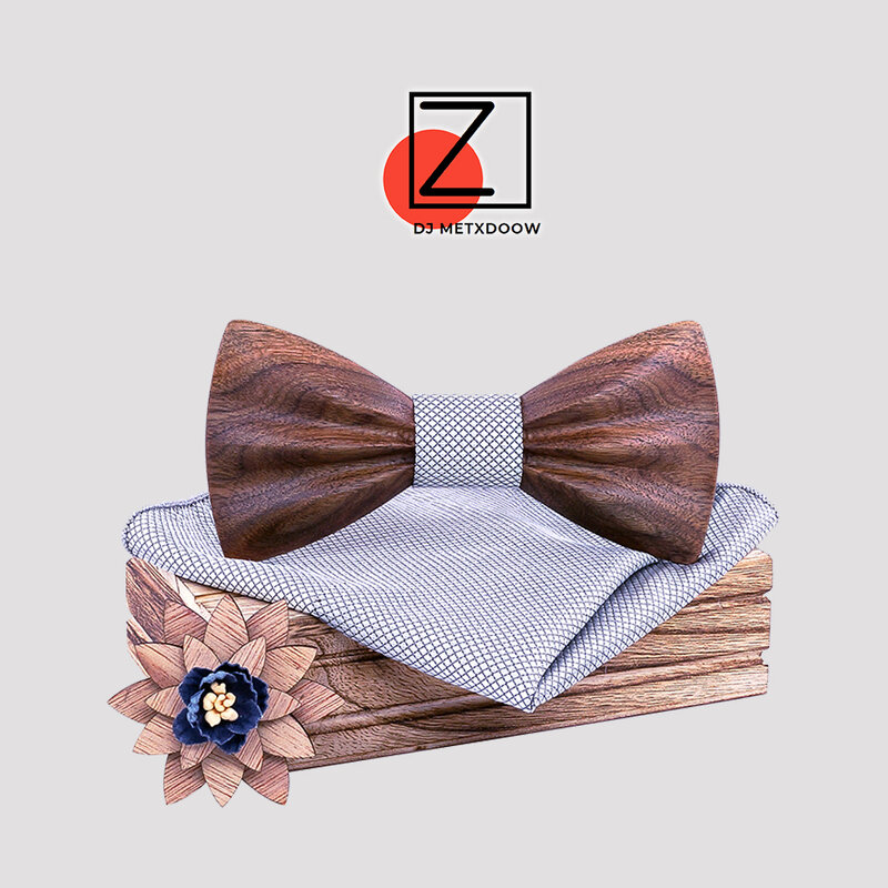 Novo design de madeira gravata borboleta para o casamento sólido xadrez bolso quadrado abotoaduras broche bowtie conjunto terno dos homens hanky laços cadeau homme