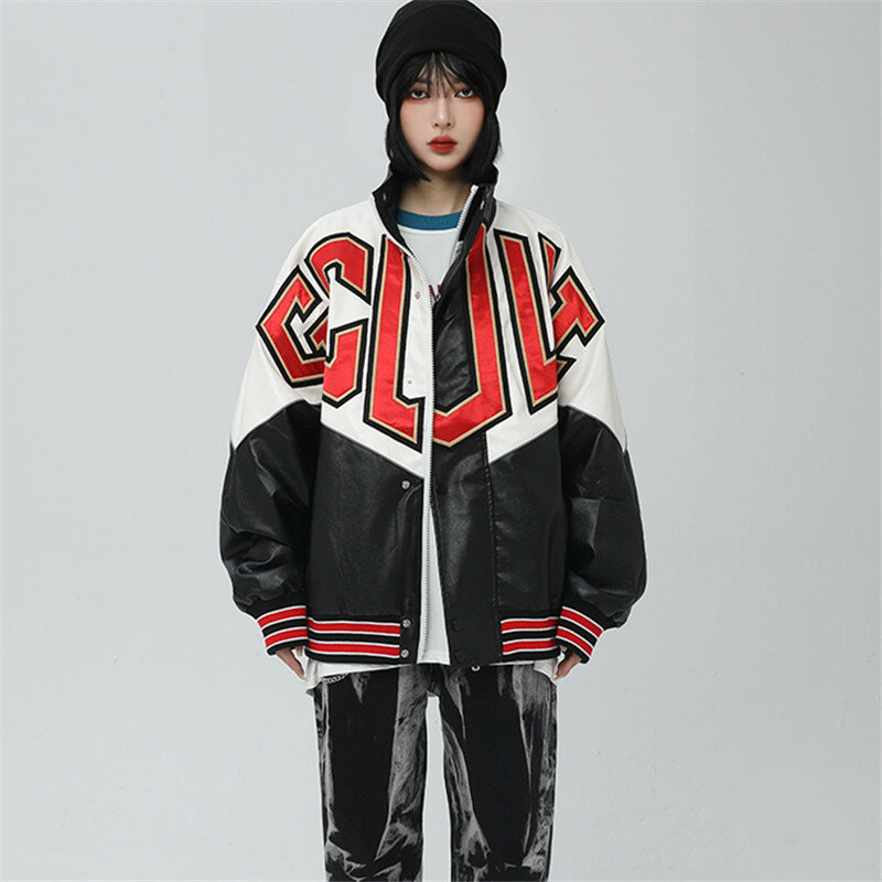 Streetwear kobiety skórzana kurtka wyszywane litery moda łączone Hip Hop kurtka PU Zipper luźna kurtka na rower kobieta 2021 nowy