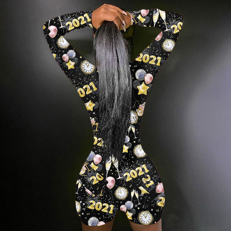 2021 Baru Wanita Playsuit V-neck Pinggang Tinggi Huruf Pola Printing Tombol Baju Monyet Lengan Panjang Satu Potong Tahun Baru pakaian Rumah