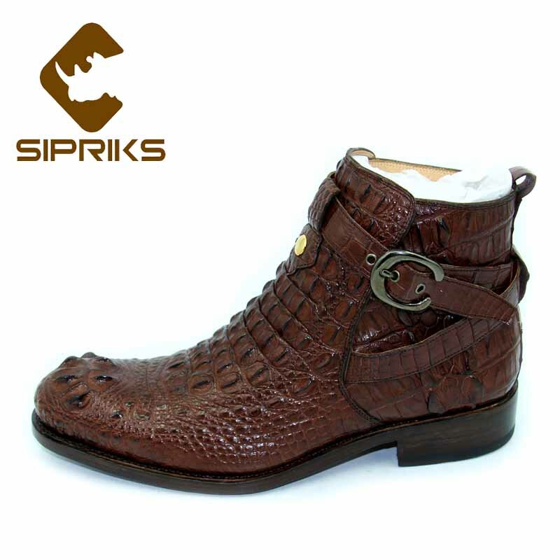Sipriks-Bottes en cuir de crocodile marron foncé pour hommes, chaussures à strucstrap, designer italien, bottes de rinçage à semelle en cuir véritable, cow-boy masculin