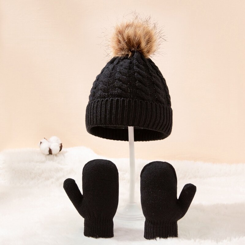 赤ちゃん用の毛皮のボールが付いた無地の冬用手袋のセット,ミトンのボールが付いたニットの帽子,男の子用
