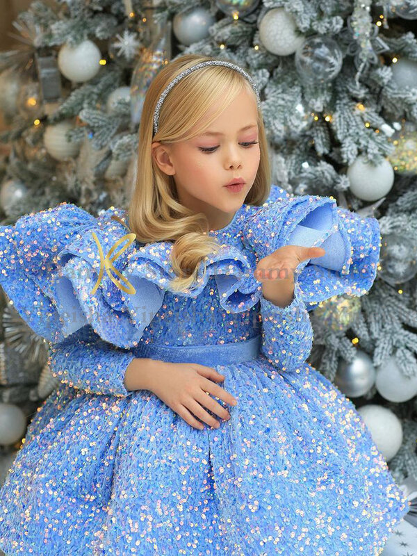 Cute Flower Girl Dress Glitter Sequin Kids Party Gown for Birthday Long Sleeve Puff Mini Pageant First Communion Dresses