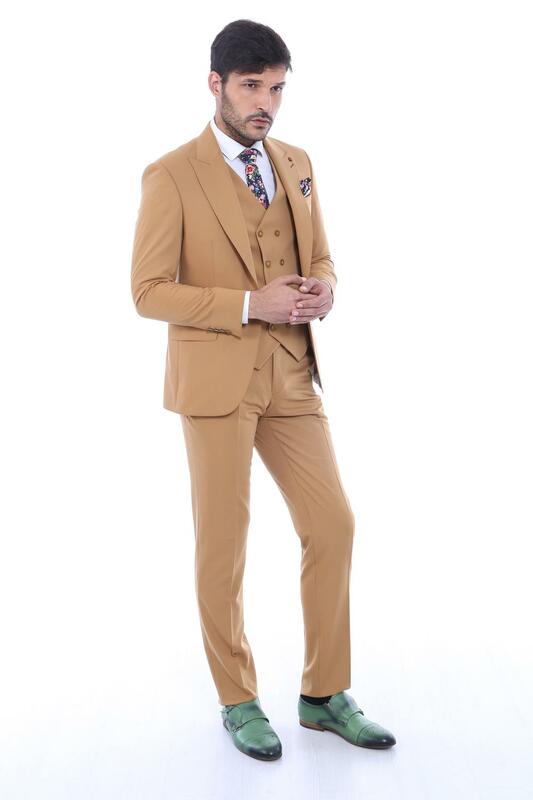 Camel terno masculino qualidade 3 peças tecido terno liso lapela entalhe sólido smoking padrinhos para casamento (blazer + colete + calça)