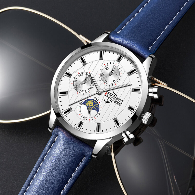 zegarek męski Moda męska skórzane zegarki 2023 mężczyźni sport Casual zegarki kwarcowe męskie kalendarz zegarek ze skórzanym paskiem zestaw bransoletek часы мужские