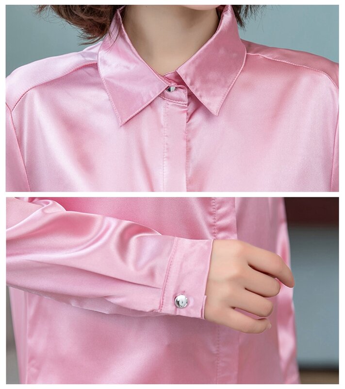 女性のためのエレガントなオフィスシャツ,作業服,長袖ブラウス,ラペル,隠しボタン,明るいサテンシルク