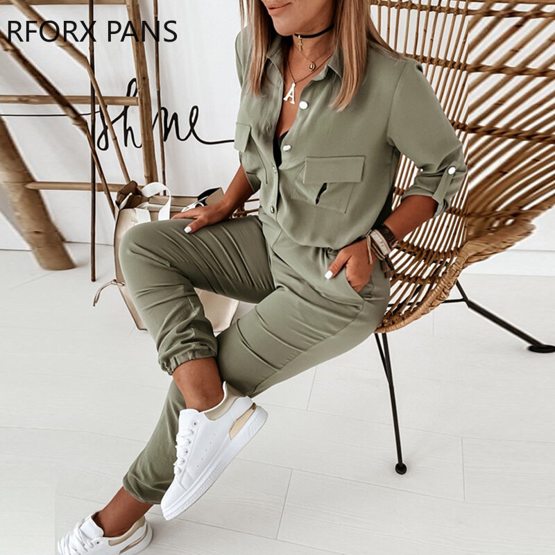 Solid Long Sleeve Elastic Waist Jumpsuit Office Lady Casual Look for Women 2020