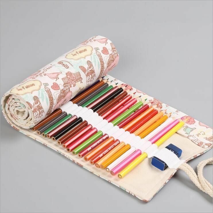 12 36 48 72 fori astuccio per matite in tela Kawaii Iron Tower Art Pen Bag Pouch Wrap Roll Makeup Cosmetic Brush Storage Stationery