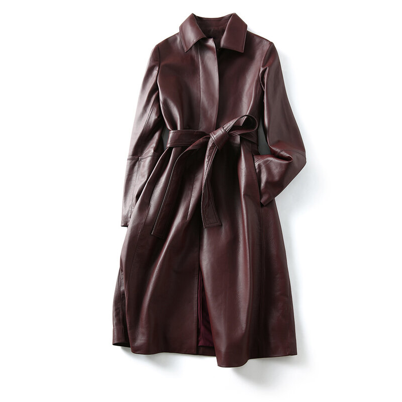 Abrigo con cordones de cuero genuino para mujer, chaqueta de piel de oveja, gabardina larga, talla grande, tops