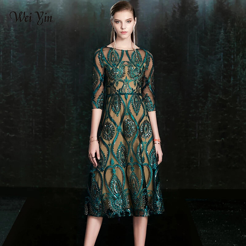Elegante vestido verde com lantejoulas e apliques, vestido vintage brilhante, vestido longo formal de baile, banquete Wei Yin, novo