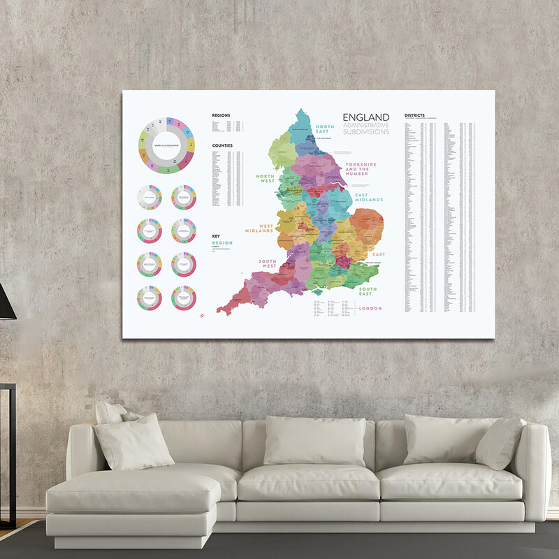 225*150 cm a inglaterra subdivisões administrativas mapa não-tecido lona pintura grande cartaz casa decoração material escolar