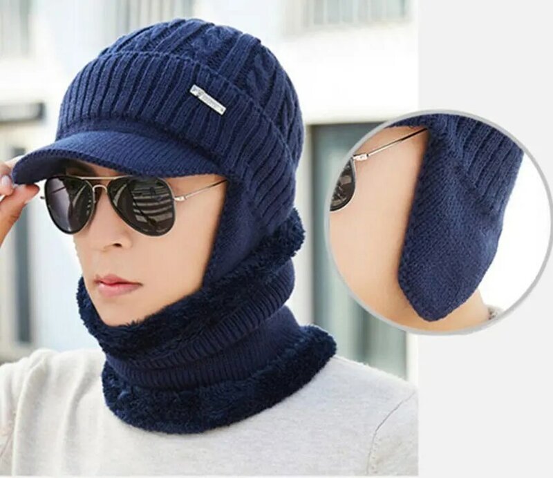 Men Winter Hat And Scarf Set For Women Scarves Cap With Brim Knitted Visor Skullies Beanies Male Warm Earflaps Caps Balaclava