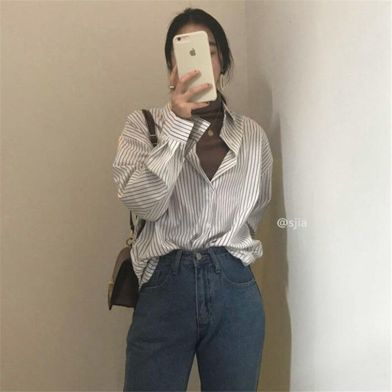 Blusa holgada informal de manga larga para mujer, camisa blanca y negra Simple, talla grande, otoño, primavera y verano, 2021