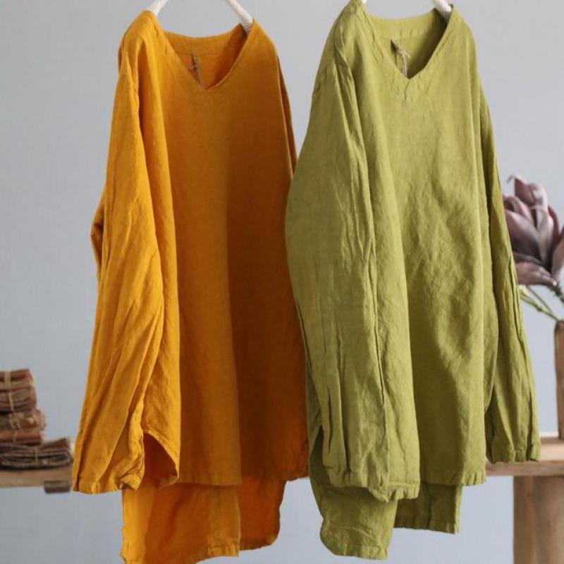 Женская блузка с асимметричным подолом, однотонная Свободная рубашка в ретро-стиле, с V-образным вырезом, для отдыха, для осени, 2020