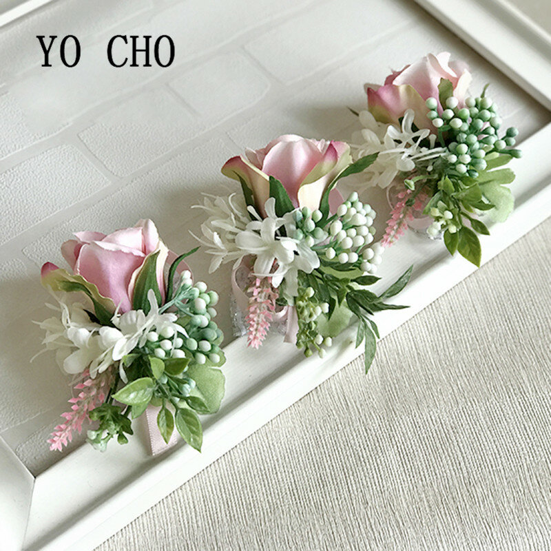 YO CHO-Broche de seda rosa para damas de honra, boutonniere de casamento masculino, bracelete flores, planejador de casamento