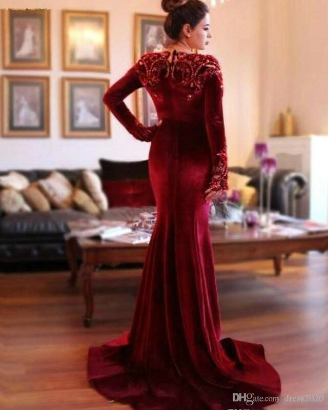 Gaun Malam Beludru Burgundy Dubai Arab dengan Kerah Manik Lengan Panjang Pakaian Liburan Formal Gaun Pesta Prom Vestidos De Noche