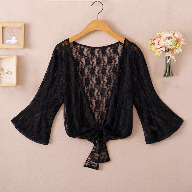 Summer Blouses For Women 2020 Woman V Neck Tie Waist Blouse Shirt Chiffon Black Ruffle Sleeve Top Lace Beach Blouse Cover Up
