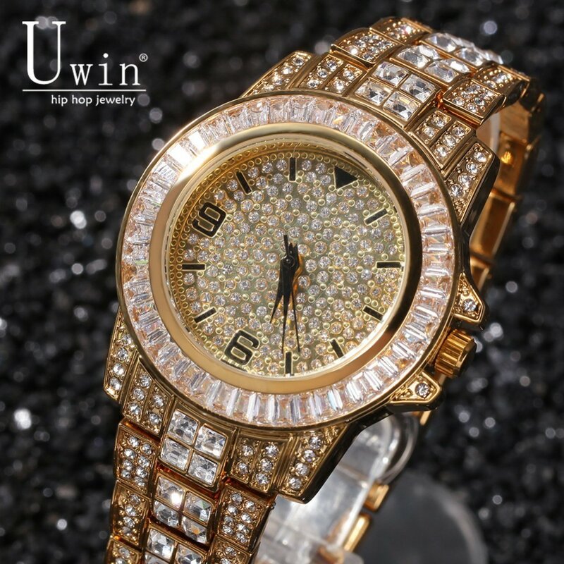Uwin-Reloj de pulsera cuadrado de cuarzo para hombre, cronógrafo de acero inoxidable, con diamantes de imitación, a la moda, de negocios
