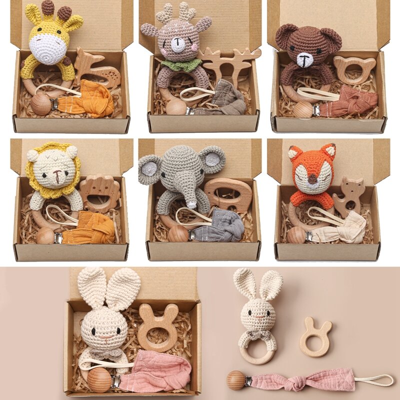 3 sztuk/zestaw Baby Crochet Animal Set Cute Bunny Elephant grzechotka bransoletka buk drewniany gryzak smoczek dla niemowląt łańcuszek z klamerką Baby Toys