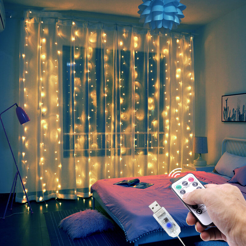 3m LEDフェアリーカーテンライトガーランド,USBカーテン,リモコン,クリスマスデコレーション,家庭,新年,休暇,装飾