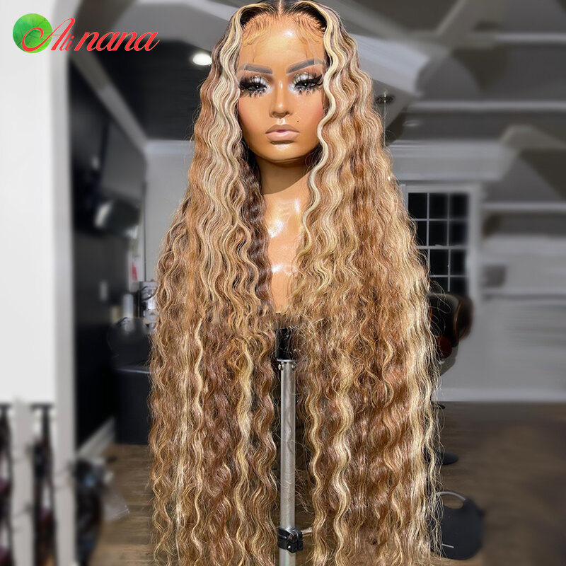13X6 Wig Renda Depan Highlight Coklat Pirang Gelombang Dalam Pra-dipetik Madu Pirang Renda Depan Wig Rambut Manusia untuk Wanita 32 Inci