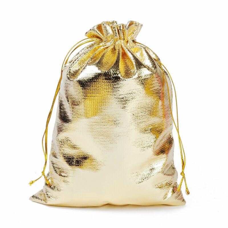 100 unids/lote 13x18cm 5x8 pulgadas bolsa con cordón de tela de Color dorado plateado bolsas de regalo de boda y bolsas de embalaje de Navidad