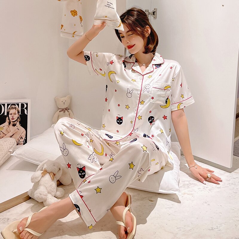 Женский Шелковый Атласный пижамный комплект с коротким рукавом и длинными брюками, Пижамный костюм 2021, пижама с пуговицами и принтом, одежда для сна, женская пижама