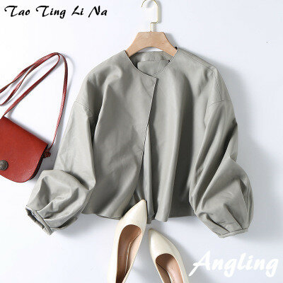 Tao Ting Li Na giacca in vera pelle di pecora giacca da donna in vera pelle con manica a lanterna a vita alta G35
