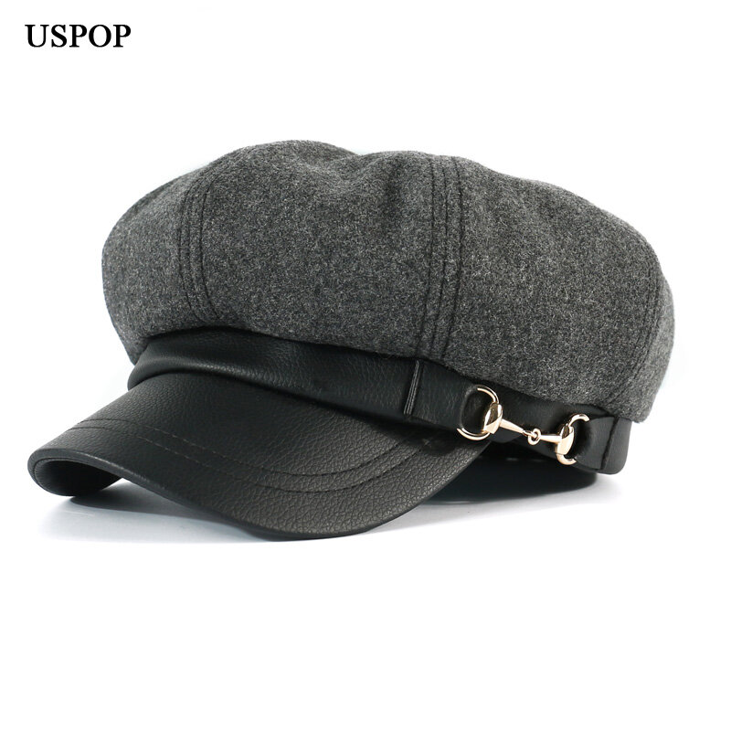 USPOP 2020 nowe czapki zimowe damskie ośmiokątny kapelusz Vintage wełniane czapki patchworkowa skórzana rondo gazeciarz czapki ciepłe czapka militarna Visor M L
