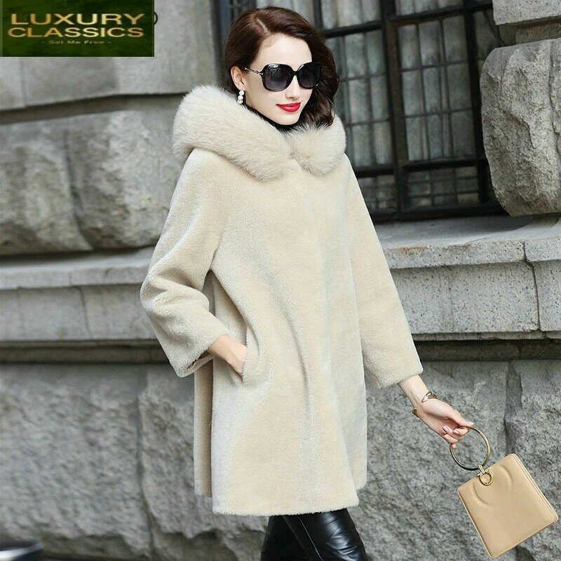 Casaco de ovelha real pele shearing casacos feminino 100% natural lã jaqueta feminina raposa com capuz quente longo parka roupas lwl1374