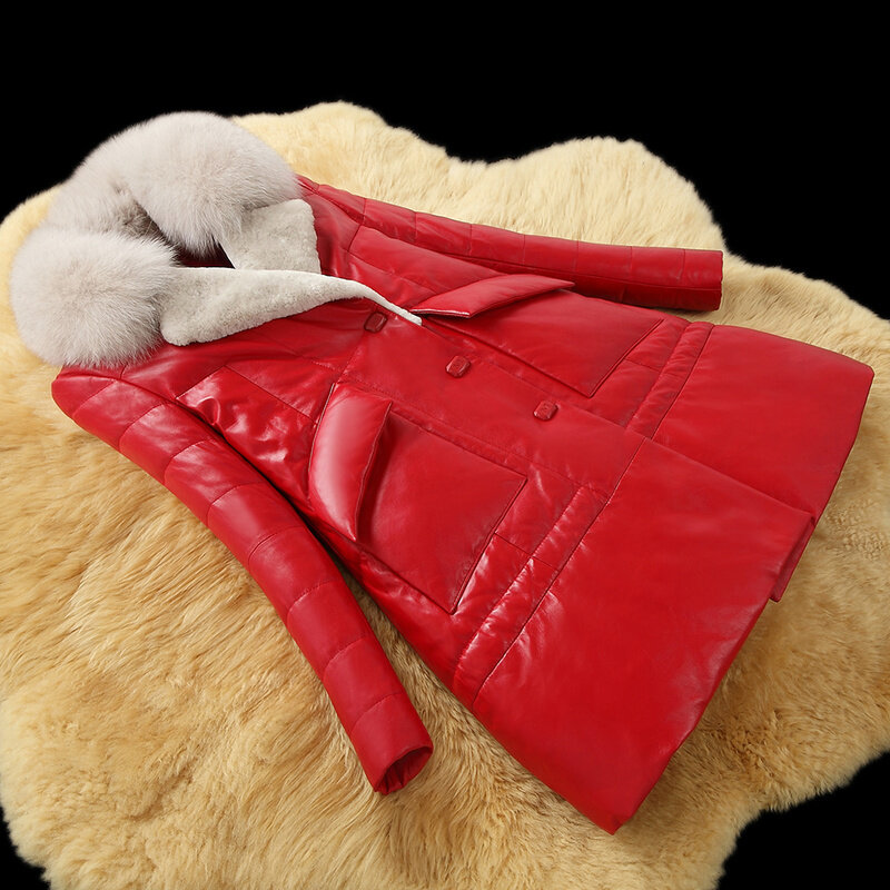 2020 jaqueta de couro genuíno das mulheres inverno para baixo jaqueta de pele de raposa gola casaco pele carneiro longo chaqueta mujer kj1067