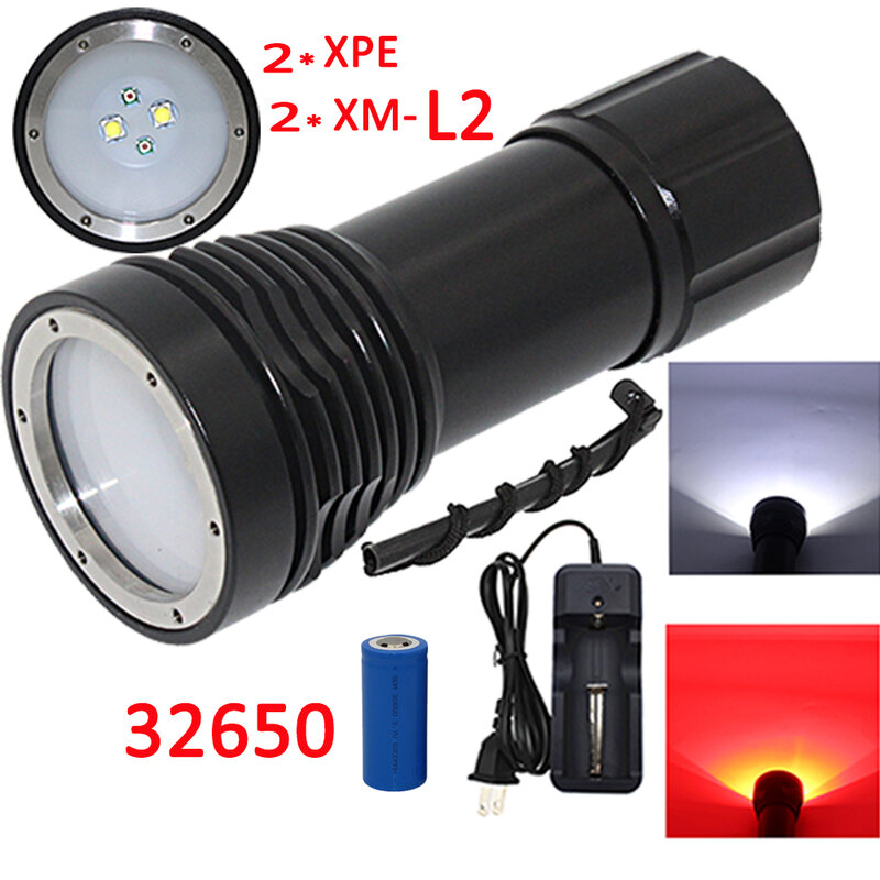 4x XM-L2 LED + 2x XPE LED التصوير فيديو الغوص مضيا 4 LED تحت الماء الشعلة فانوس مقاوم للماء + 32650 بطارية + شاحن
