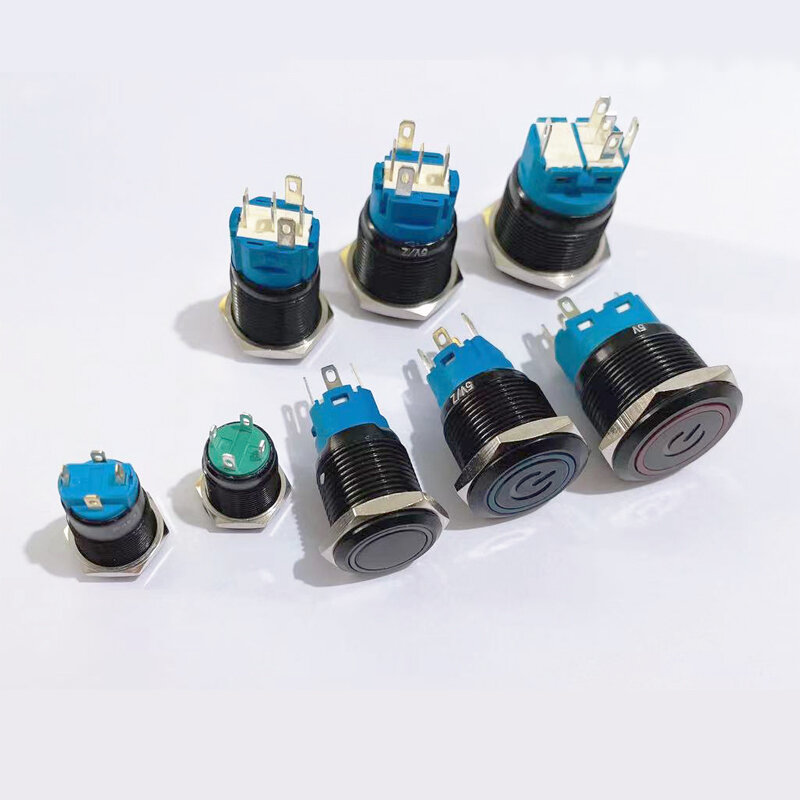 Interrupteur à bouton-poussoir noir 12/16/19/22mm, étanche, lumineux Led, en métal, plat, momentané, avec marque d'alimentation, 5V, 12V, 24V