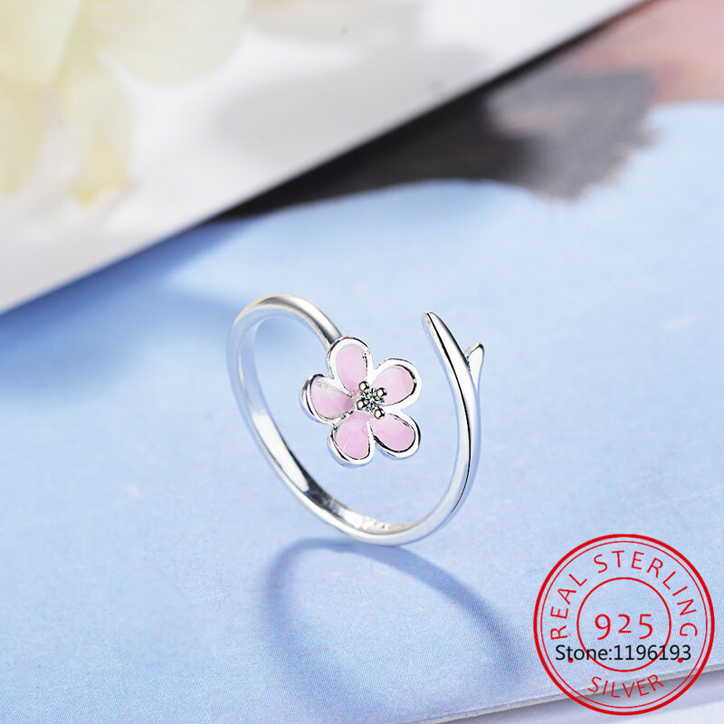 925 Sterling Silver Pink Cherry Blossom Opening Ring Enamel Flower Adjustable Ring Women Pave Setting CZ Fine Jewelry BSR438