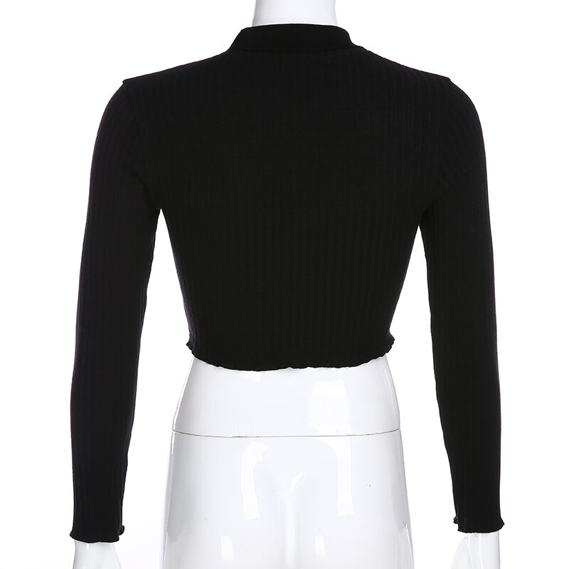 Sweetown Black Striped Casual Crop Ladies Cardigans Sweater Zipper Turn Down Collar Long Sleeve Autumn Winter Sweater Streetwear