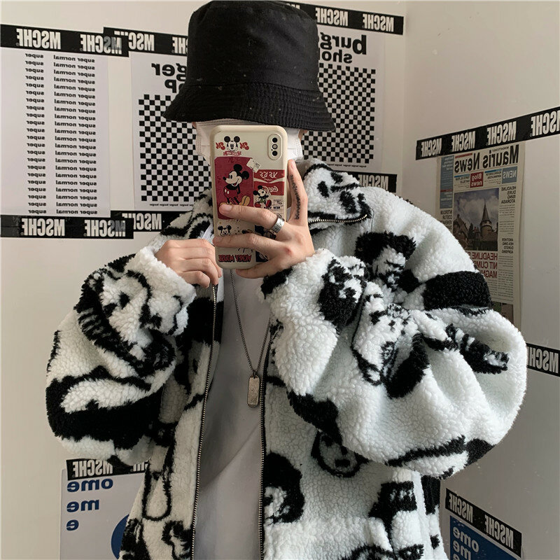 Korean Winter New Harajuku Lazy BF Style Coat Cute Cartoons Printing Full Sleeve Jacket Lambswool Keep Warm Zipper Outerwear