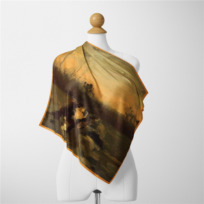 Bufanda de seda de sarga para mujer, pañuelo cuadrado con pintura al atardecer, Bandana pequeña, Hijab de seda, diadema, 53CM