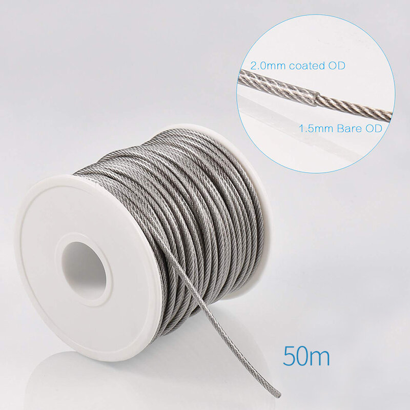 SGYM 56PCS/Set 50 Meter Steel PVC Coated Flexible Wire Rope Soft Cable Transparent Stainless Steel Clothesline Diameter 2mm Kit