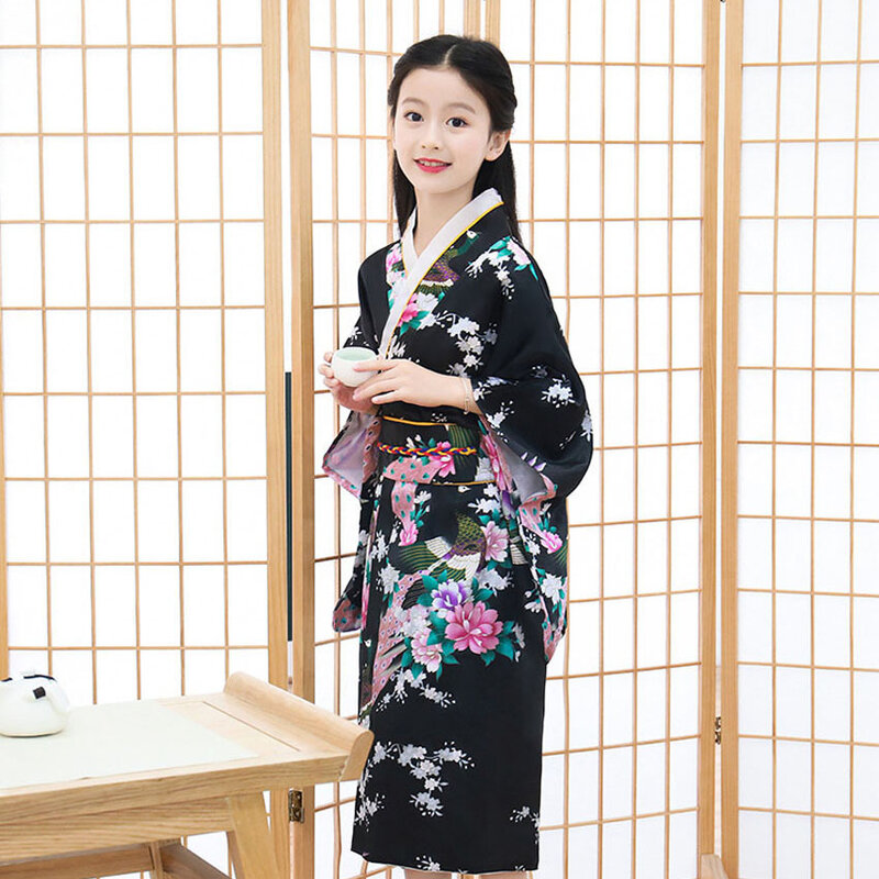 Kids Girls Novelty National Japan Kimono Traditional Yukata Dress Satin Silk Luxury Oriental Bath Robe with Obi Performance