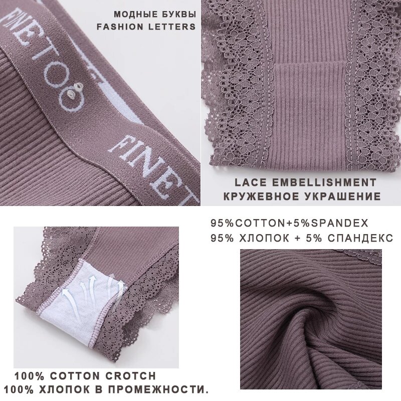 FINETOO-bragas de algodón para mujer, ropa interior Sexy de M-2XL, calada, con cinturón con letras, lencería de talla grande